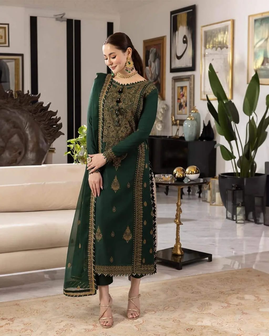 A.j Bottle Green Chiffon Formal Collection Embroidery Dress 3pc GoodLuck Collections A.j Bottle Green Chiffon Formal Collection Embroidery Dress 3pc GoodLuck Collections