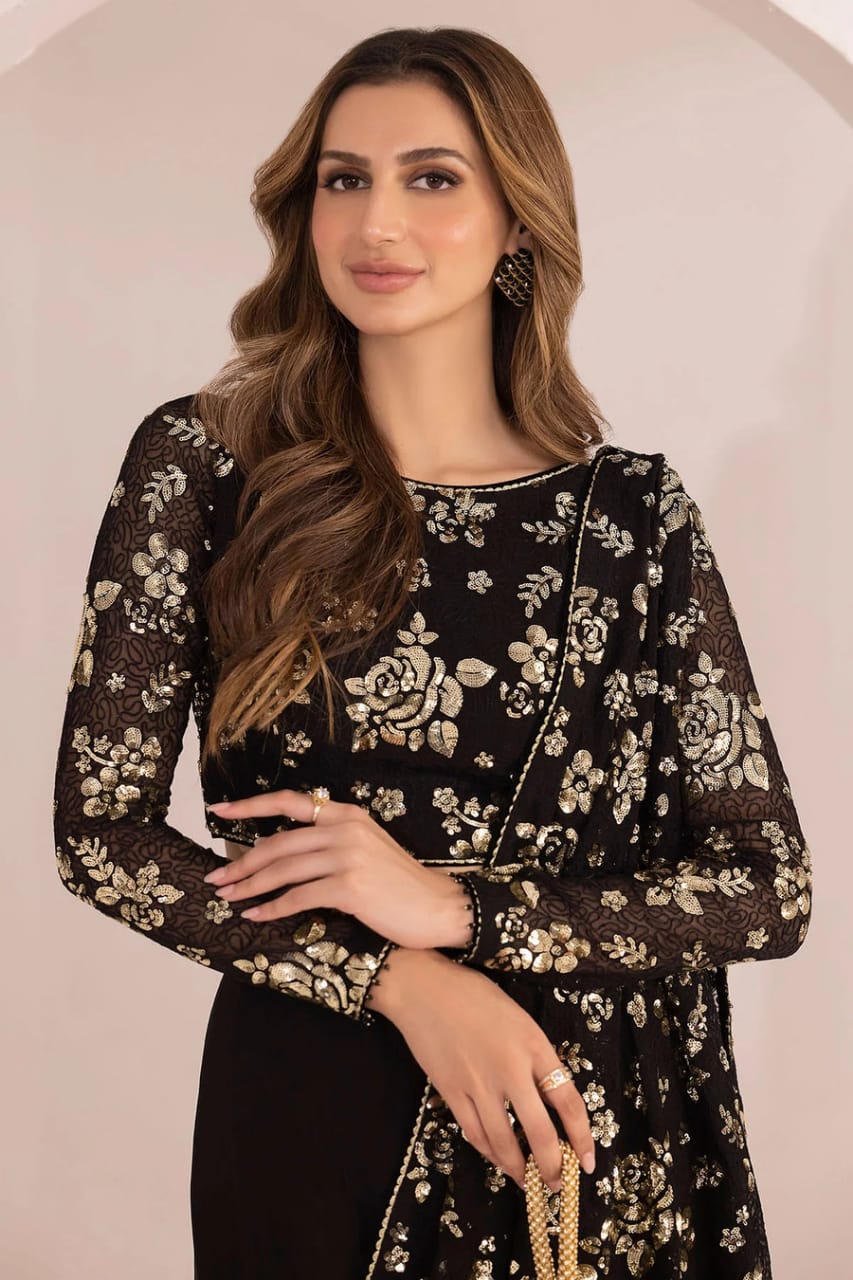 Jazmin Black Saree Chiffon Embroidery Unsitched