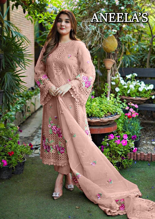 Aneelas T Pink organza Embroidery Formal Collection 3piece Unstitched