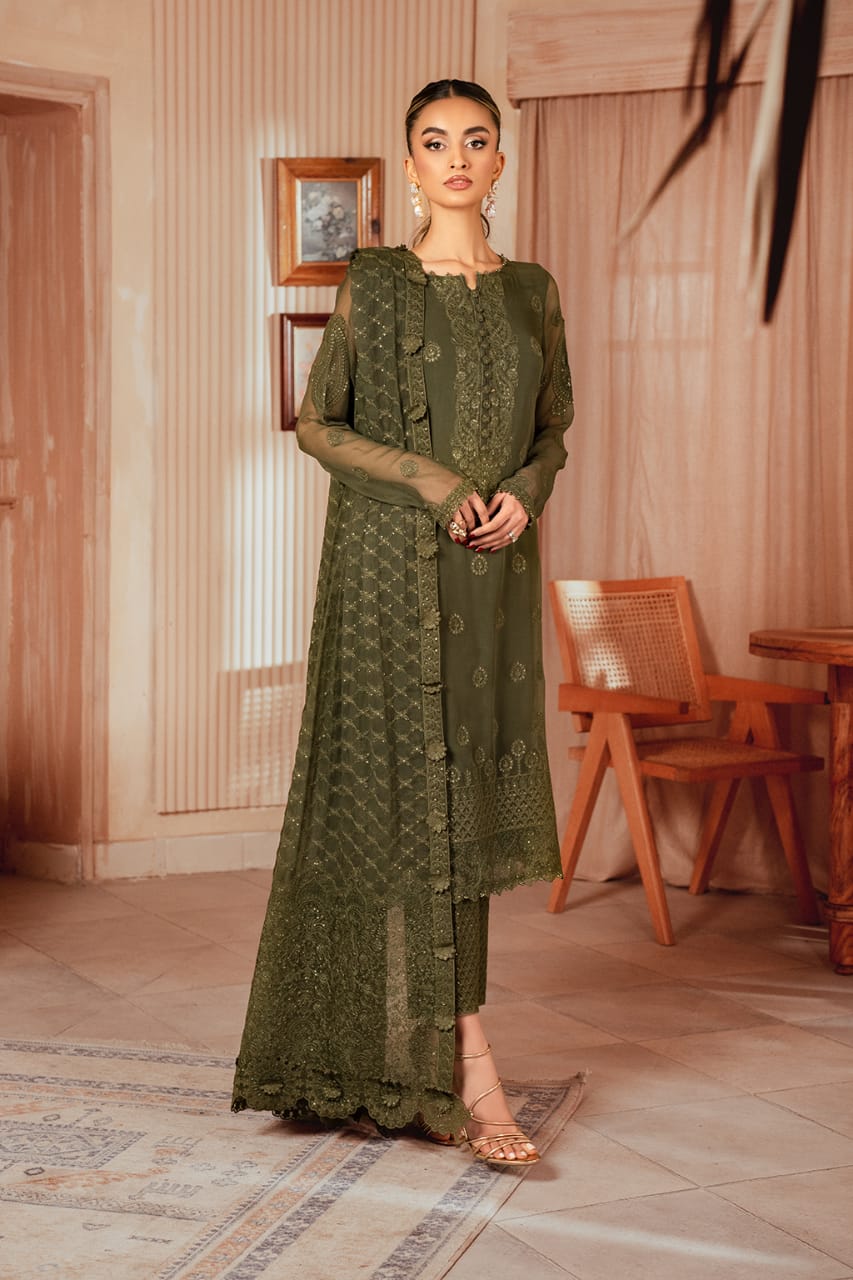 Iznik Green Chiffon Formal Collection Embroidery Dress 3pc