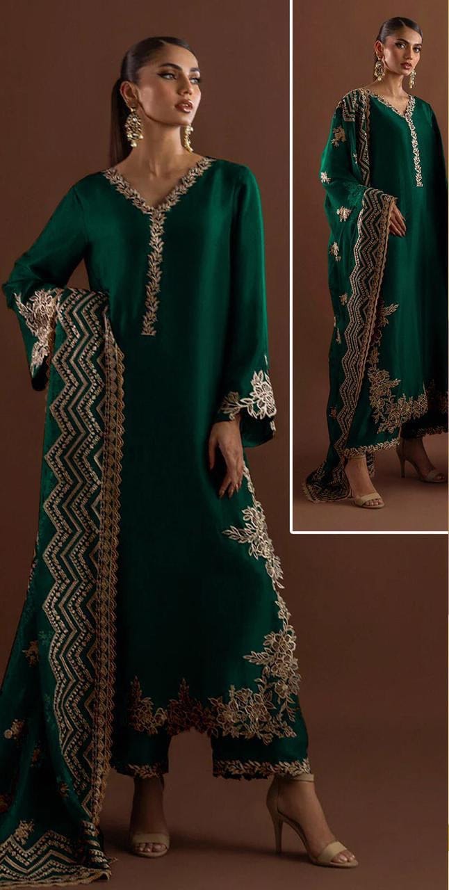 Zainab Chottani Zarsha Silk Green Embroidery Hand Work 3piece Unstitched