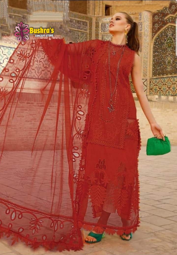 MARIA B RED CHIKANKARI LAWN EMBROIDERY DRESS