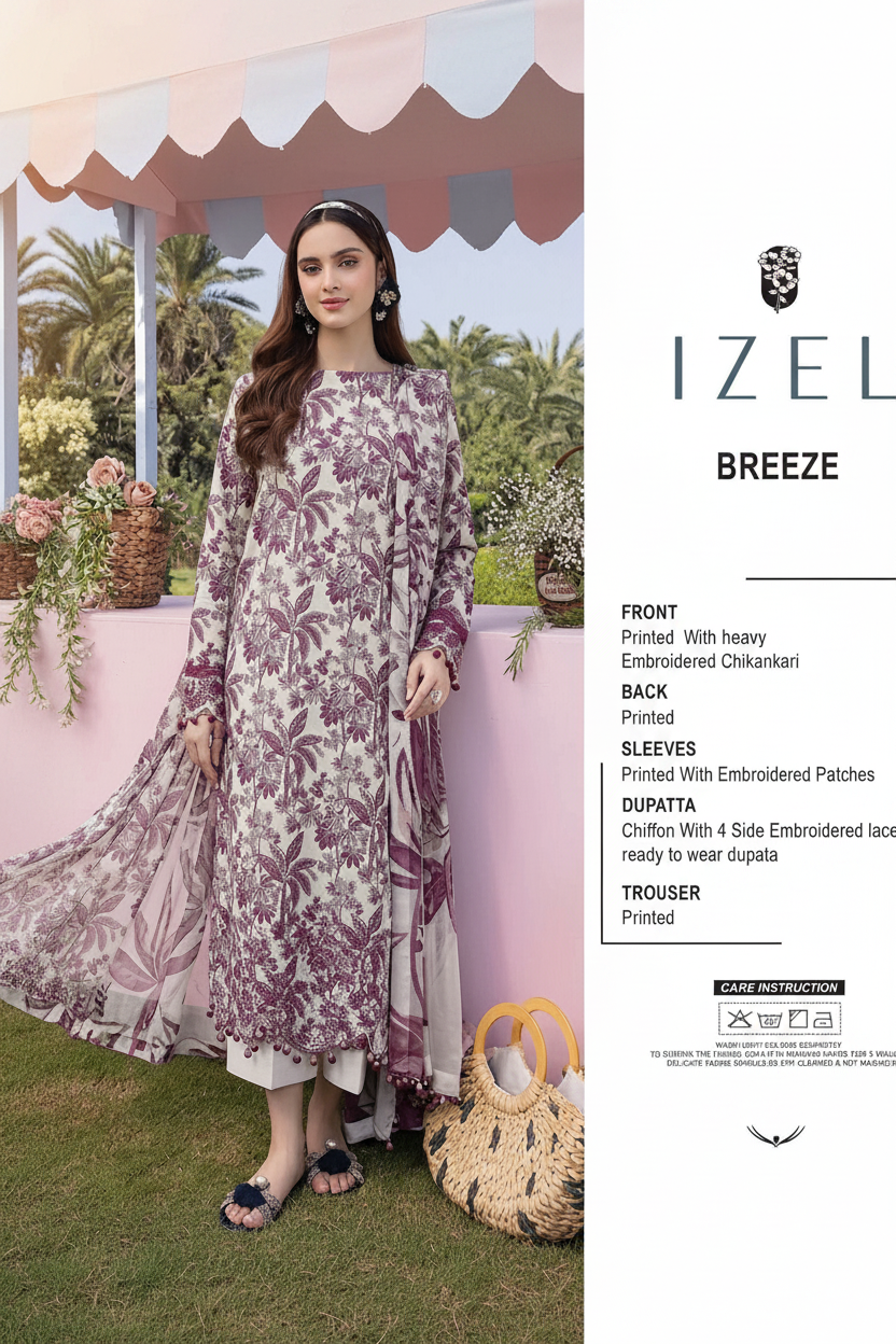 Izel lawn 3 piece chickenkari shirt unstiched