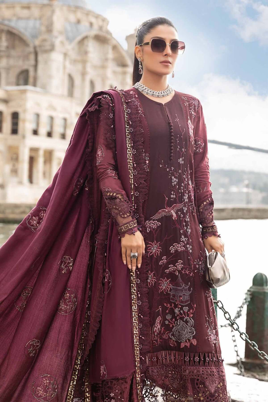 Maria B Dark Maroon Pure Lawn Embroidery 3PC