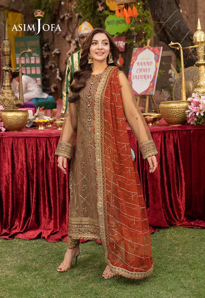 Asim Jofa Green & Rust Chiffon Formal Dress 3Piece Unstitched
