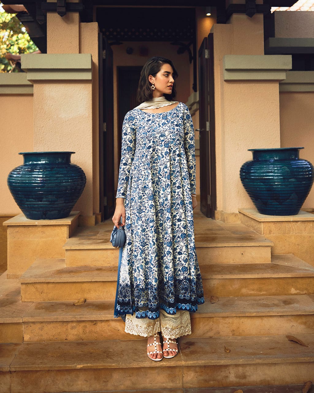 Faiza Saqlain Blue Lawn Embroidery Frock 3Piece Unstitched