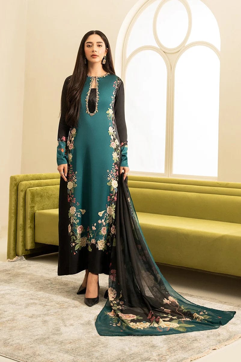 Lulusar Silk Digital Black Green Stitched 3piece Embroidery