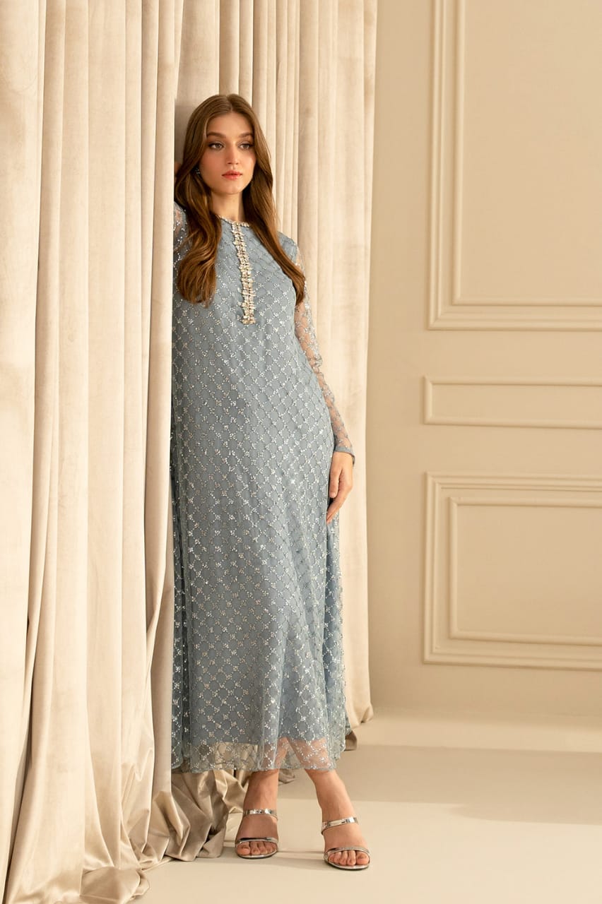 Lulusar Gray Soft Net Embroidery Luxury Collection 3piece Unstitched