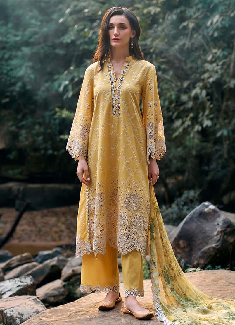 Image Lemon Lawn Embroidery Shifle Chikankari Dress 3pc