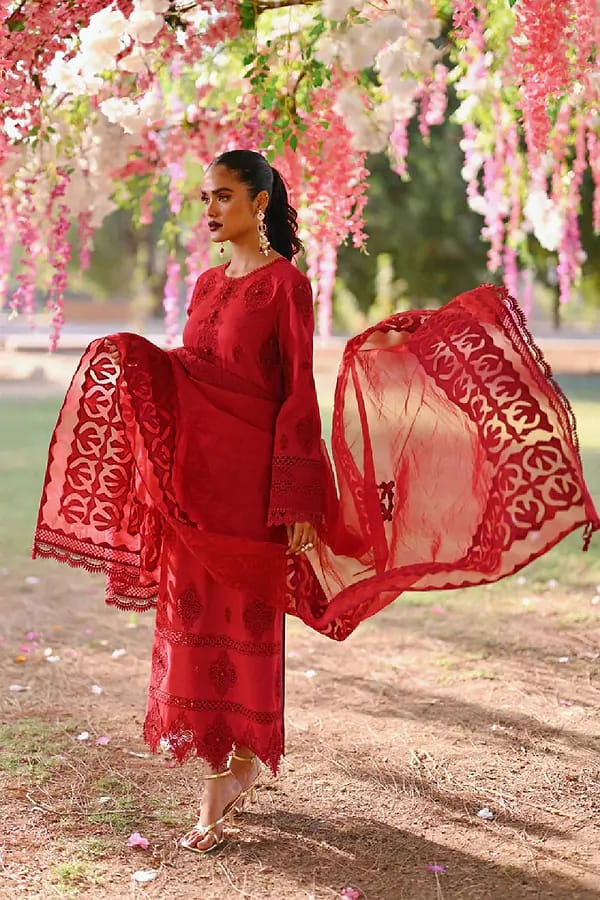 Qalamkar Red Chikankari Embroidery Dress 3pc