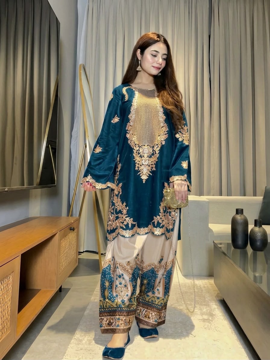 ETH-030 | Premium Shamoz Silk 2 Piece Unstitched Kaftan Suit 2026 – Heavy Embroidery
