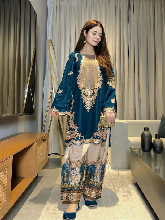 ETH-030 | Premium Shamoz Silk 2 Piece Unstitched Kaftan Suit 2026 – Heavy Embroidery