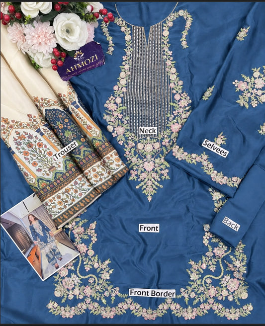 ETH-030 | Premium Shamoz Silk 2 Piece Unstitched Kaftan Suit 2026 – Heavy Embroidery