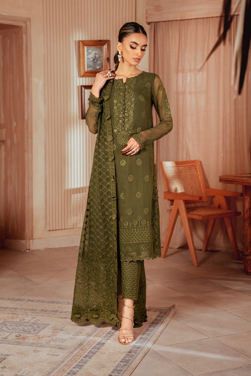 Iznik Green Chiffon Formal Collection Embroidery Dress 3pc
