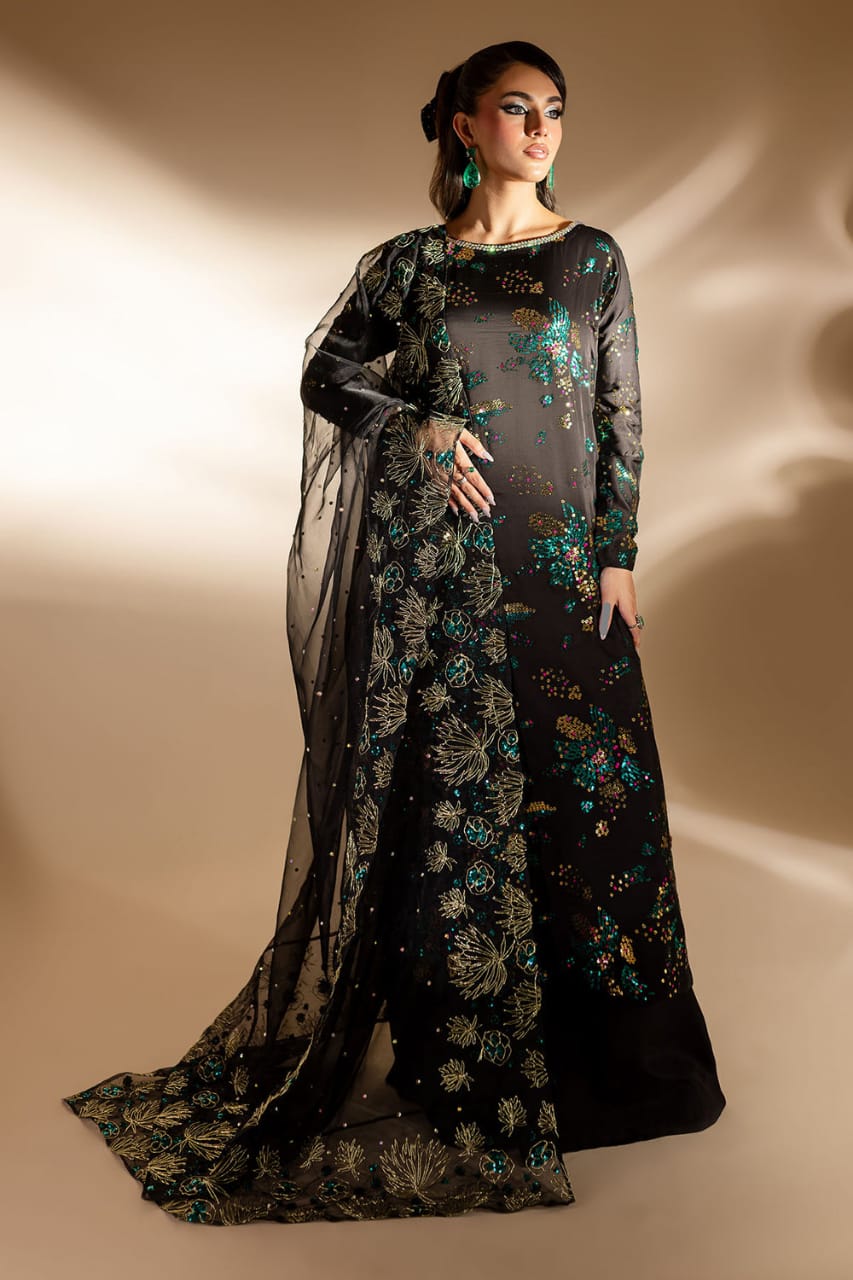 Nureh Black Raw Silk Embroidered & Hand Embellished 3piece Unstitched