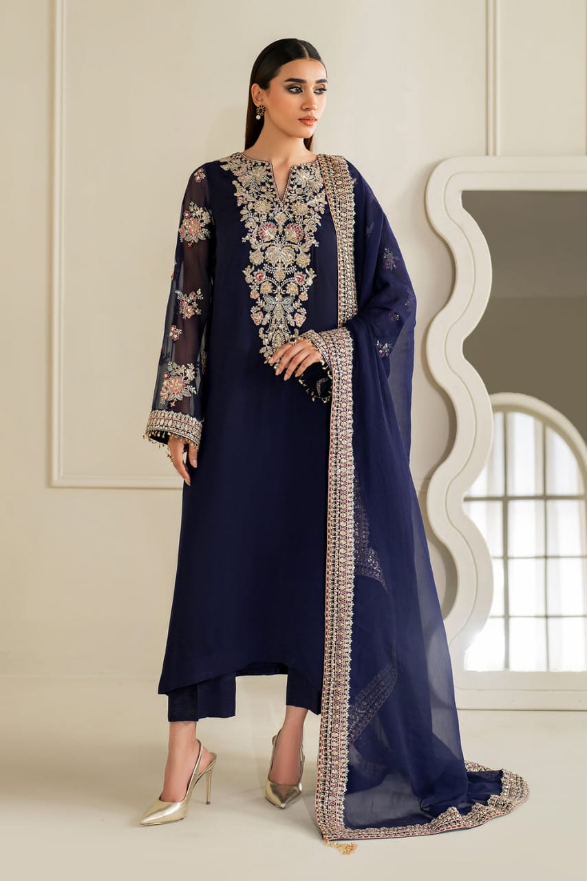 Baroque Blue Chiffon Formal Collection Embroidery 3piece Unstitched