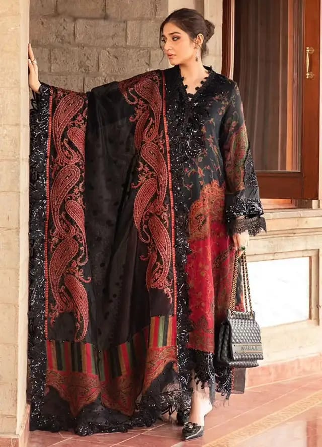 M.B Black & Rust New Arrival Printed Embroidery 3pc Unstitched Dress