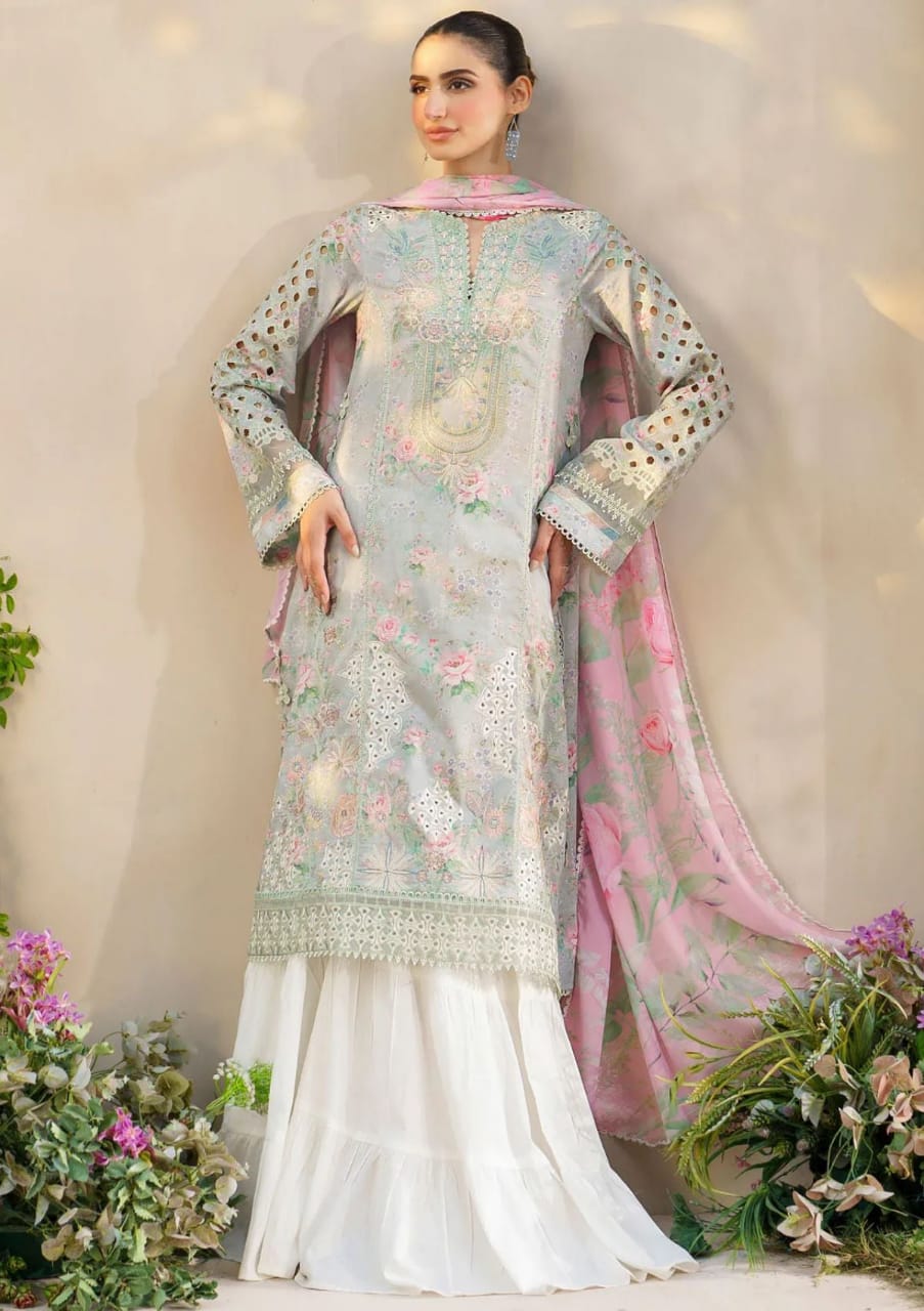 Iznik Light Blue Printed Lawn Embroidery 3piece Unstitched