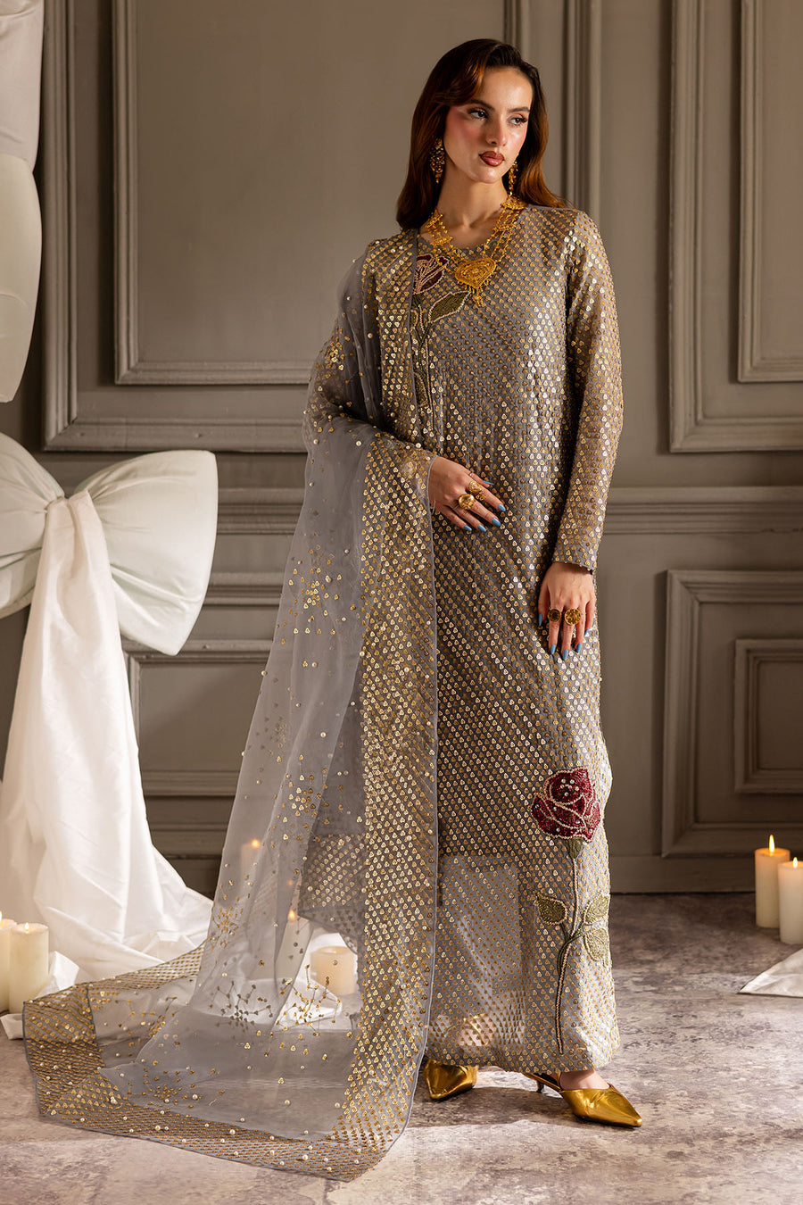 Nureh Grey Formal Collection Luxury Chiffon Embroidery 3piece Unstitched