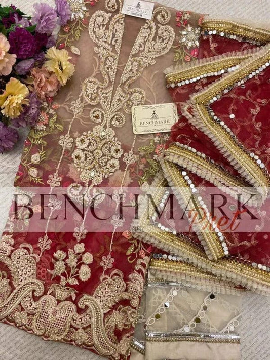 Benchmark T Pink Hand work Organza Party Wear Dress 3piece Unstitched