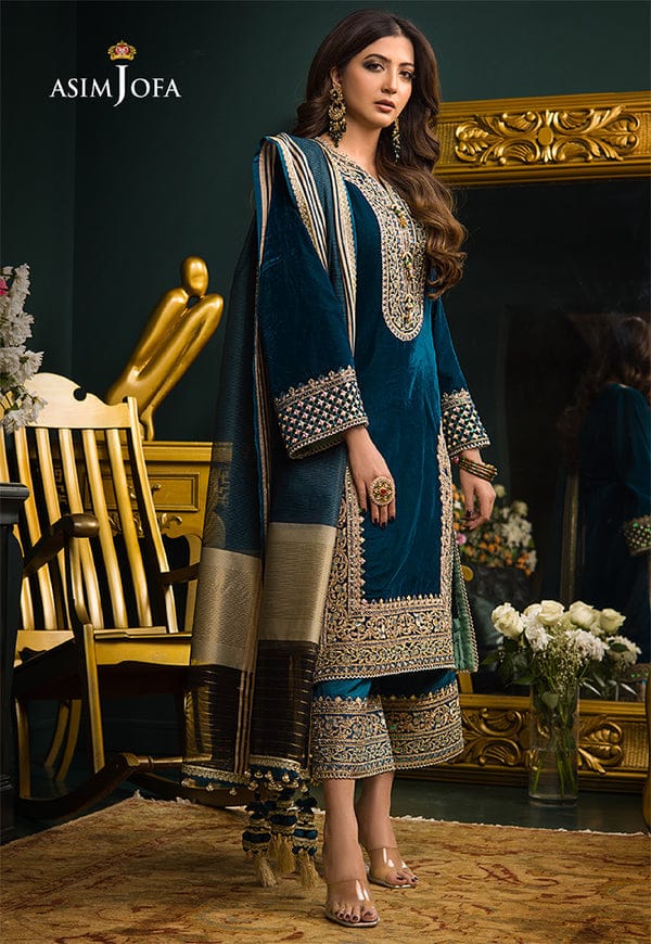 Asim Jofa Blue Chiffon Embroidery Dress Formal Collection 3pc