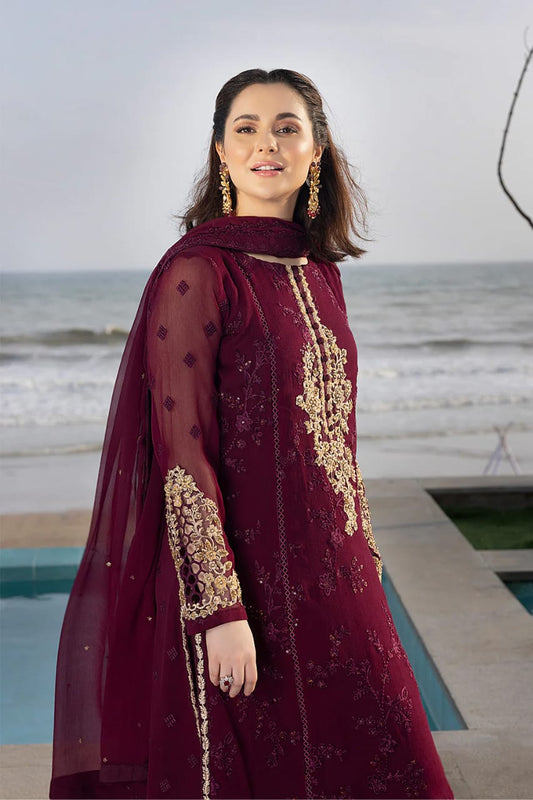 Azure Maroon Chiffon Hand Work Formal Collection Embroidery Dress 3pc