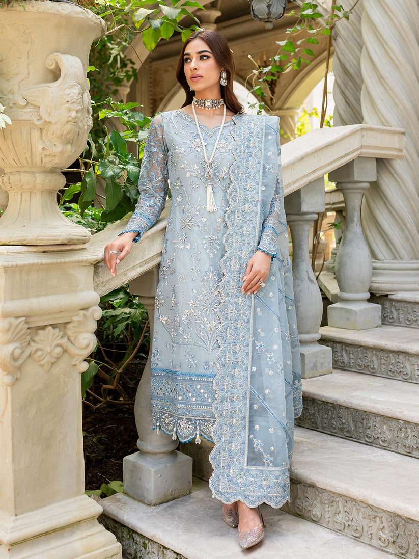 Gulaal Luxury Sky Blue Embroidered Organza Dress