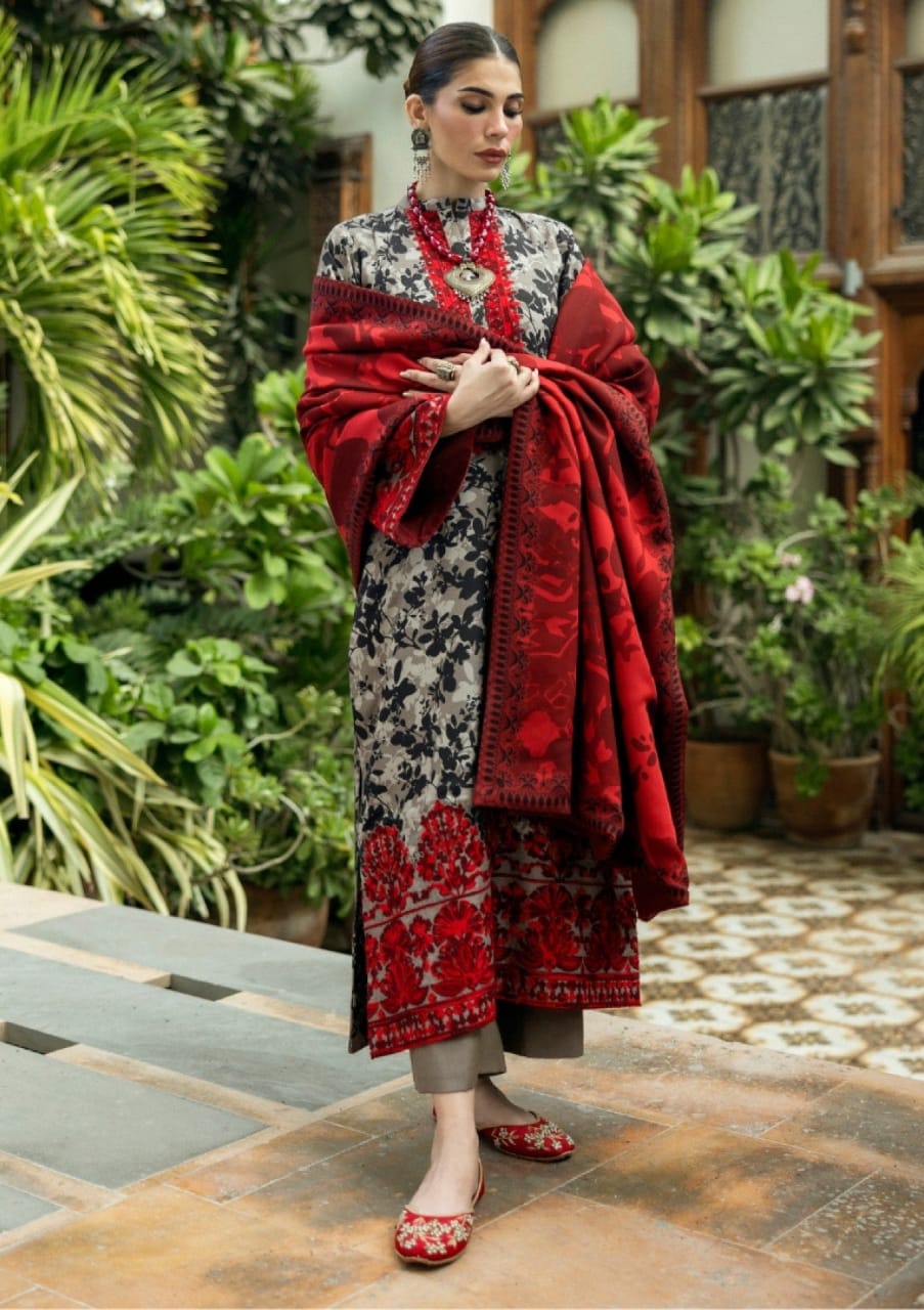 Zainab Chottani Brown Red Printed Lawn Embroidery Unstitched Dress