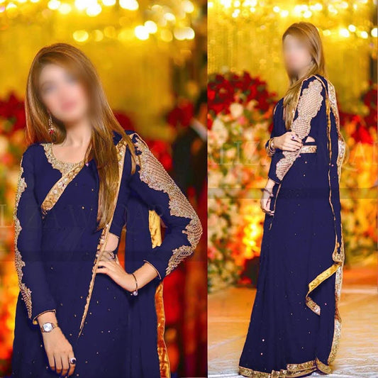 Designer Wear Chiffon Saree Blue Wedding Collection Unstitched