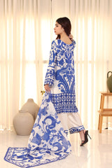 Lulusar Silk Digital Printed Blue & White 3PC Unstitched Dress