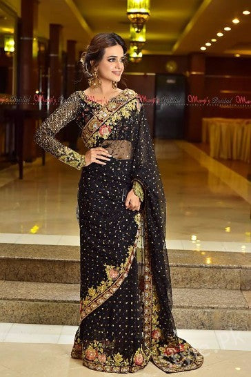 Tena Durrani Black Saree Chiffon Embroidery Unstitched
