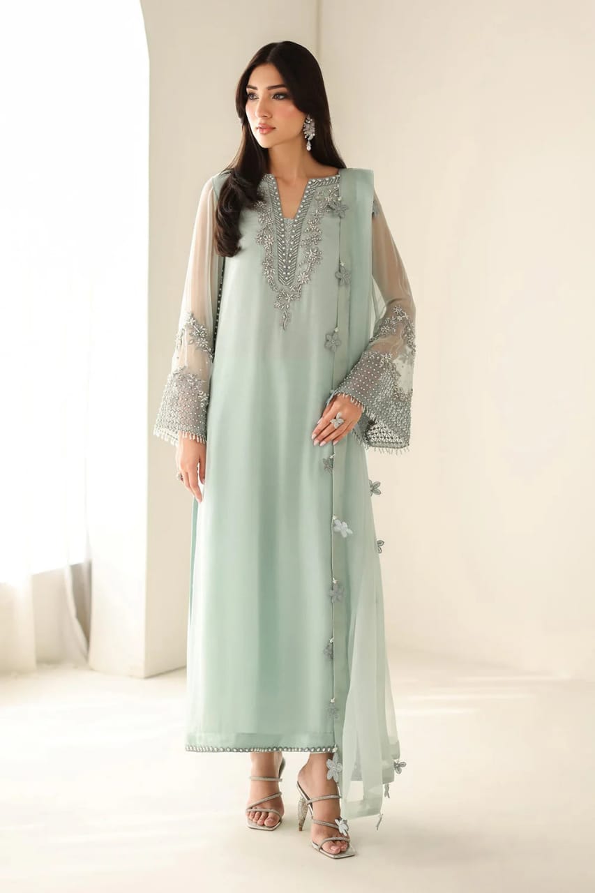 Baroque Green Hand Wok Chiffon Embroidery Party Wear Collection 3piece Unstitched