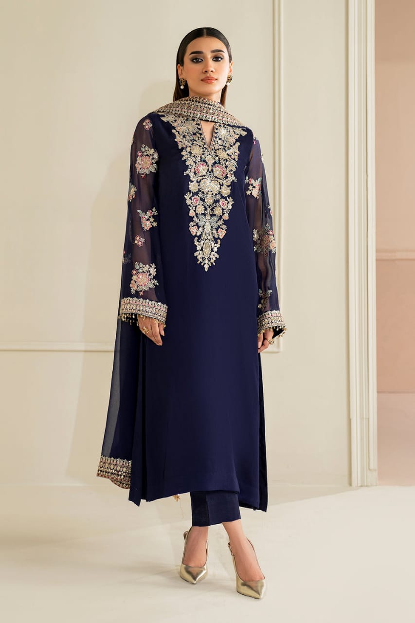 Baroque Blue Chiffon Formal Collection Embroidery 3piece Unstitched