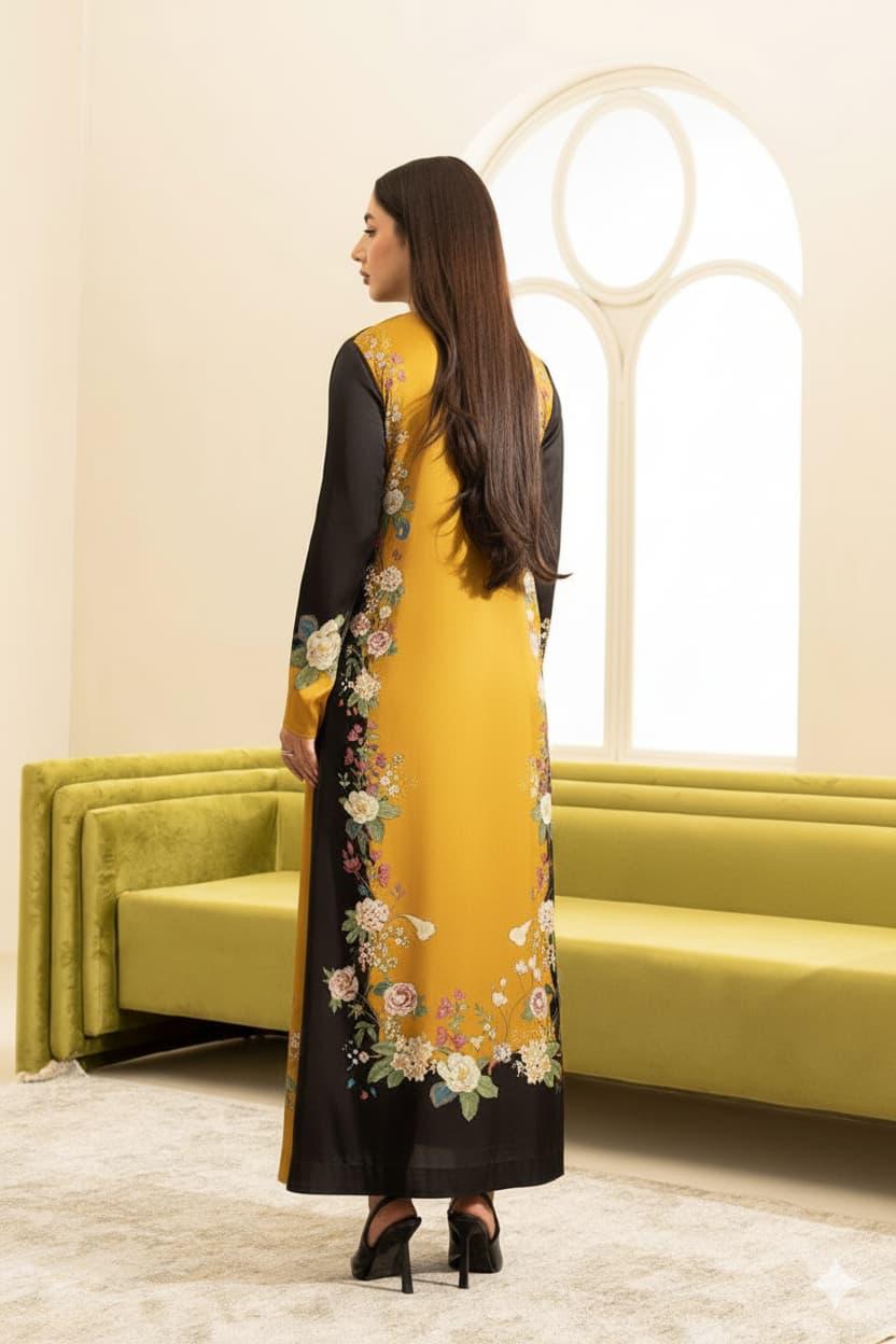 Lulusar Silk Digital Black Yellow 3piece Embroidery Unstitched