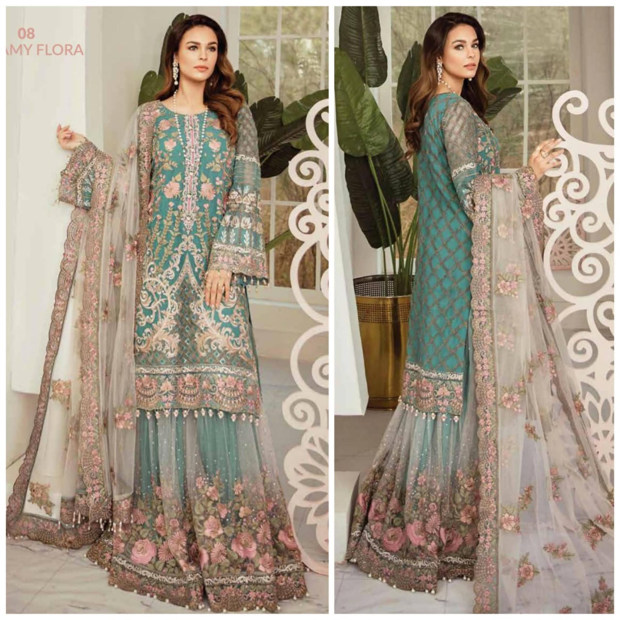 Flossie Flora Green Wedding Collection Chiffon Embroidery Dress & Garara