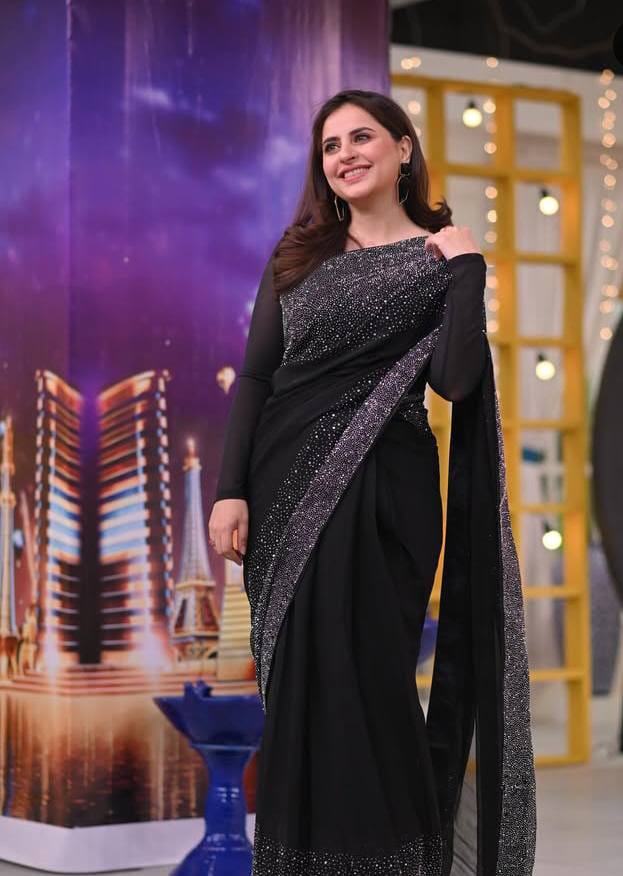 Emaan Fatima Saree Black Chiffon Stone Work Unstitched
