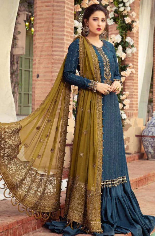 Sateen Blue Chiffon Emborired party wear dress