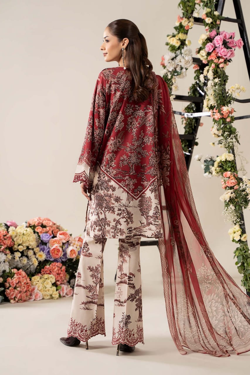 M.B Maroon & White Mprints 2025 Luxury Lawn Embroidered Collection Unstitched