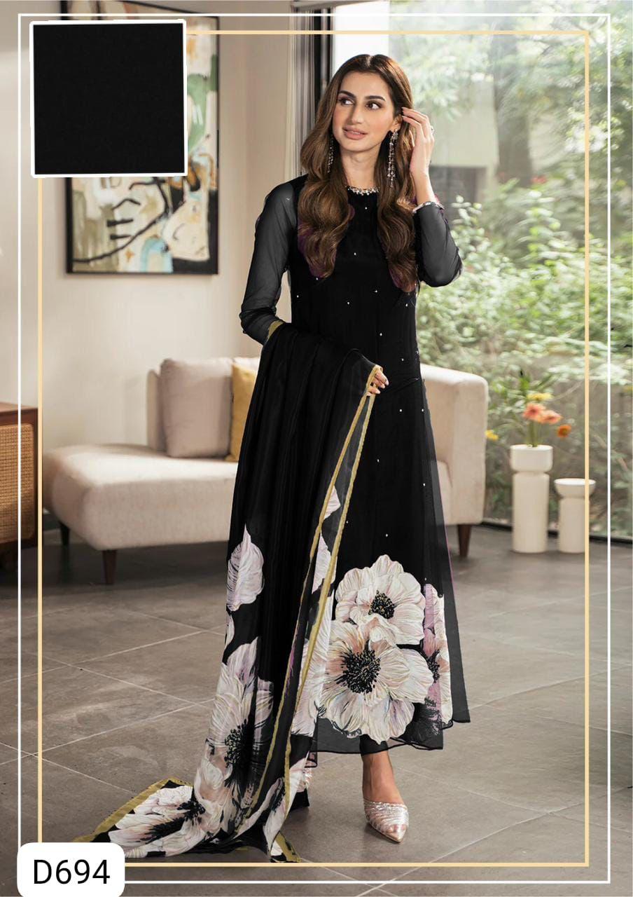 Lulusar Black Silk Digital Print Hand Work Party Wear Collection