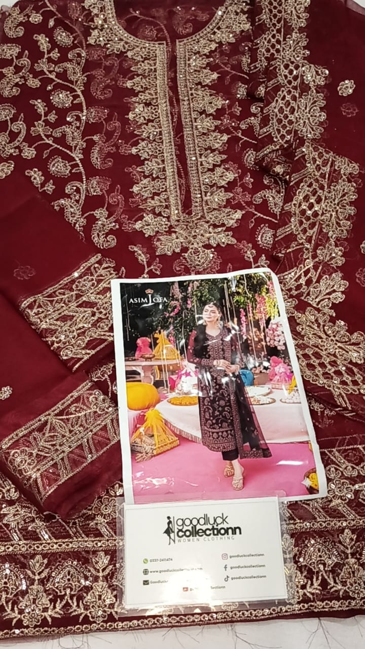 Asim Jofa Maroon Luxury Chiffon Embroidery 3piece Unstitched