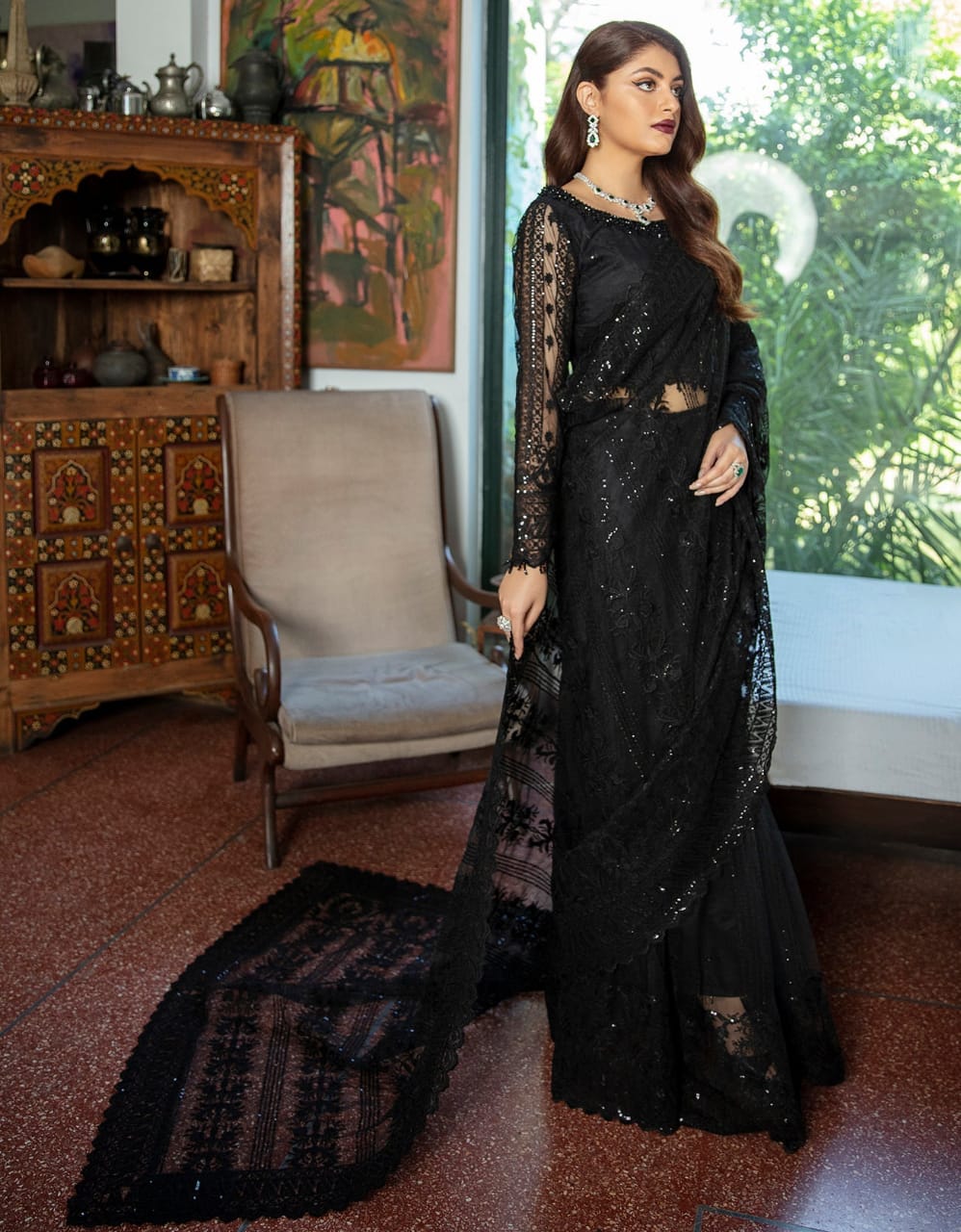 Emaan Adeel Black Net Luxury Embroidered Wedding Collection Saree Unstitched