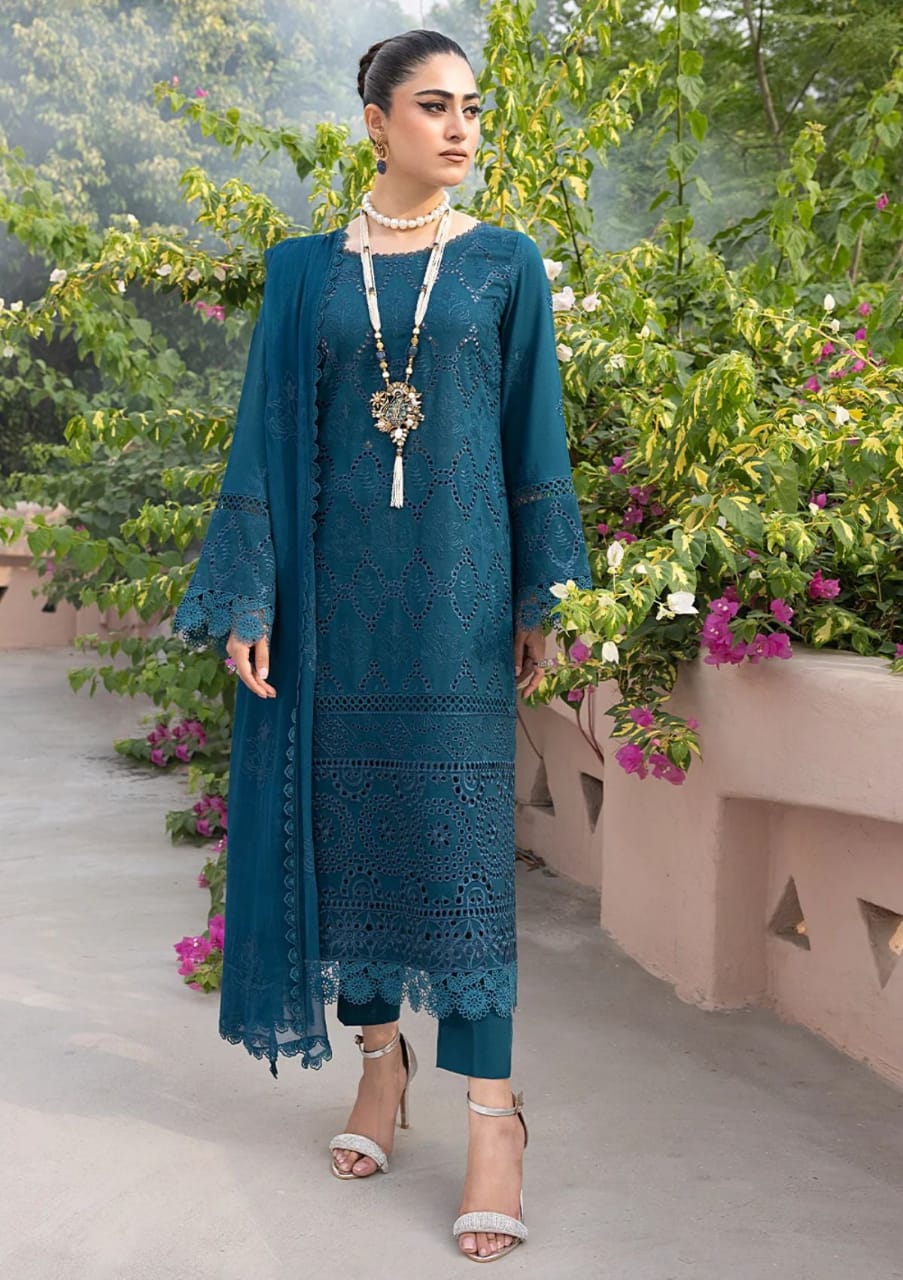 Mahnoor Zink Blue Lawn Chikankari Dress 3pc Unstitched