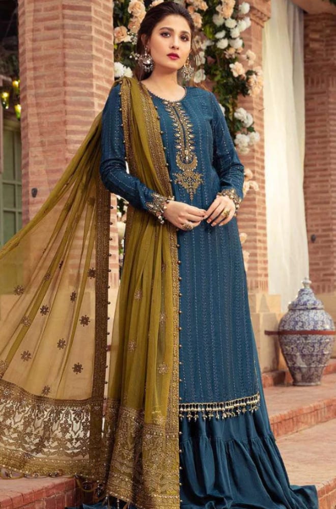 Sateen Blue Chiffon Emborired party wear dress