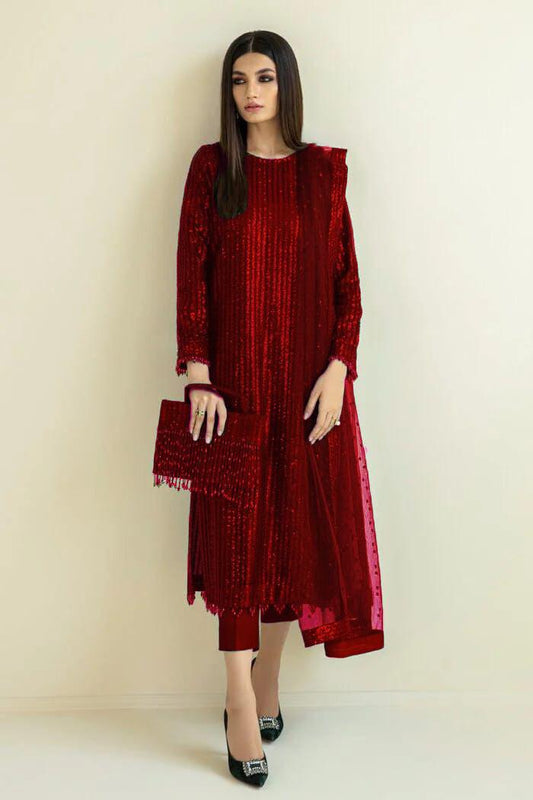 Baroque Red Chiffon Embroidery Party Wear Collection 3piece Unstitched