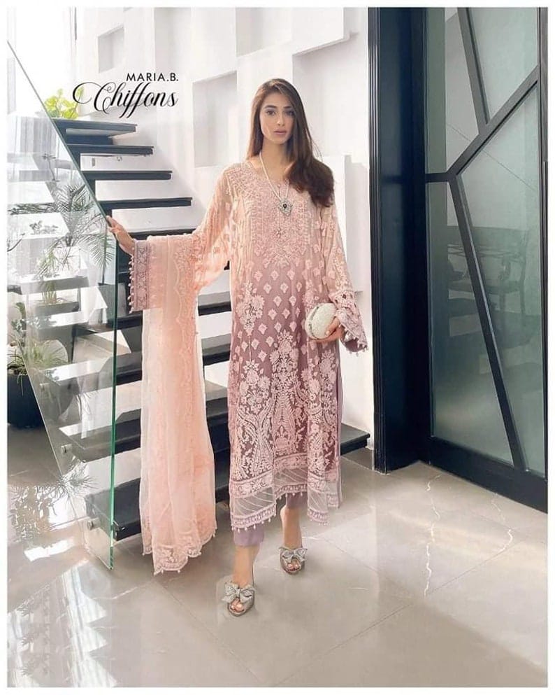 Maria B Peach Formal Collection Chiffon Dress Hand Work