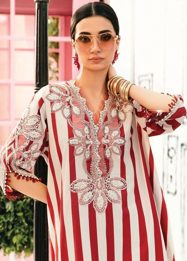 M.B Red & White Stripes New Arrival Lawn Emb 3pc Unstitched