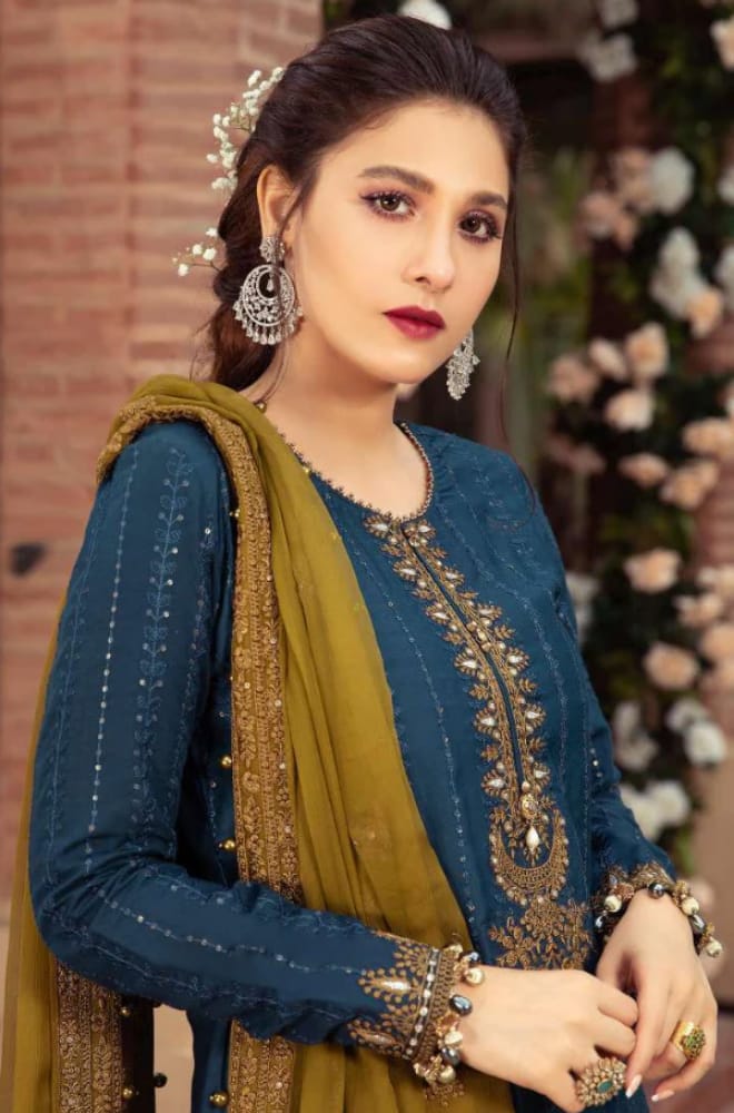 Sateen Blue Chiffon Emborired party wear dress