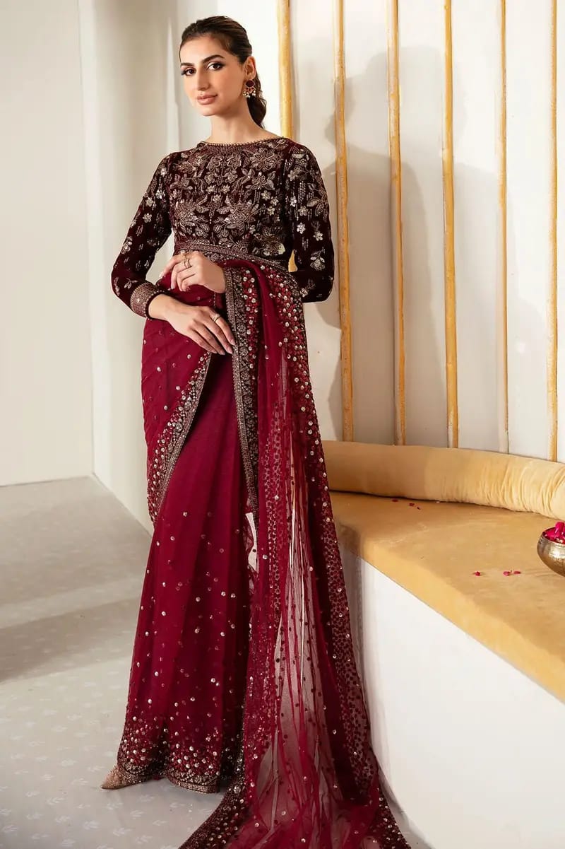 M.B Maroon Wedding Collection Saree Soft Net Fabric Embroidery Unstitched