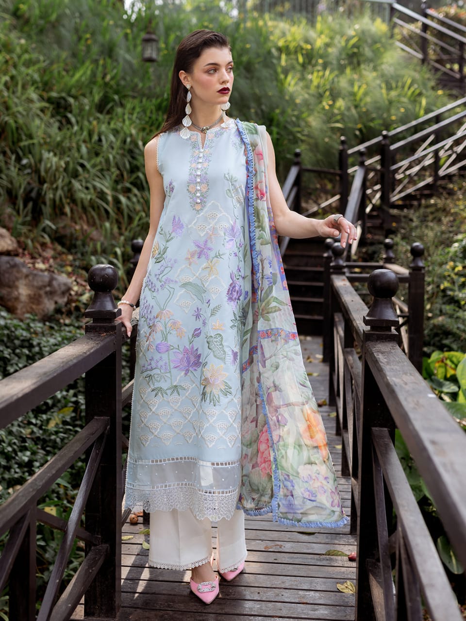 Image Sky Blue Luxury Lawn Embroidery Chikankari Dress 3pc