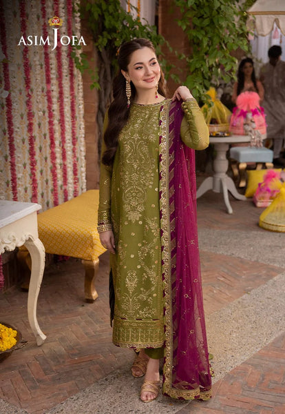 asim jofa green dress Asim Jofa Green & Pink Chiffon Formal Collection Dress 3pc – GoodLuck  Collections